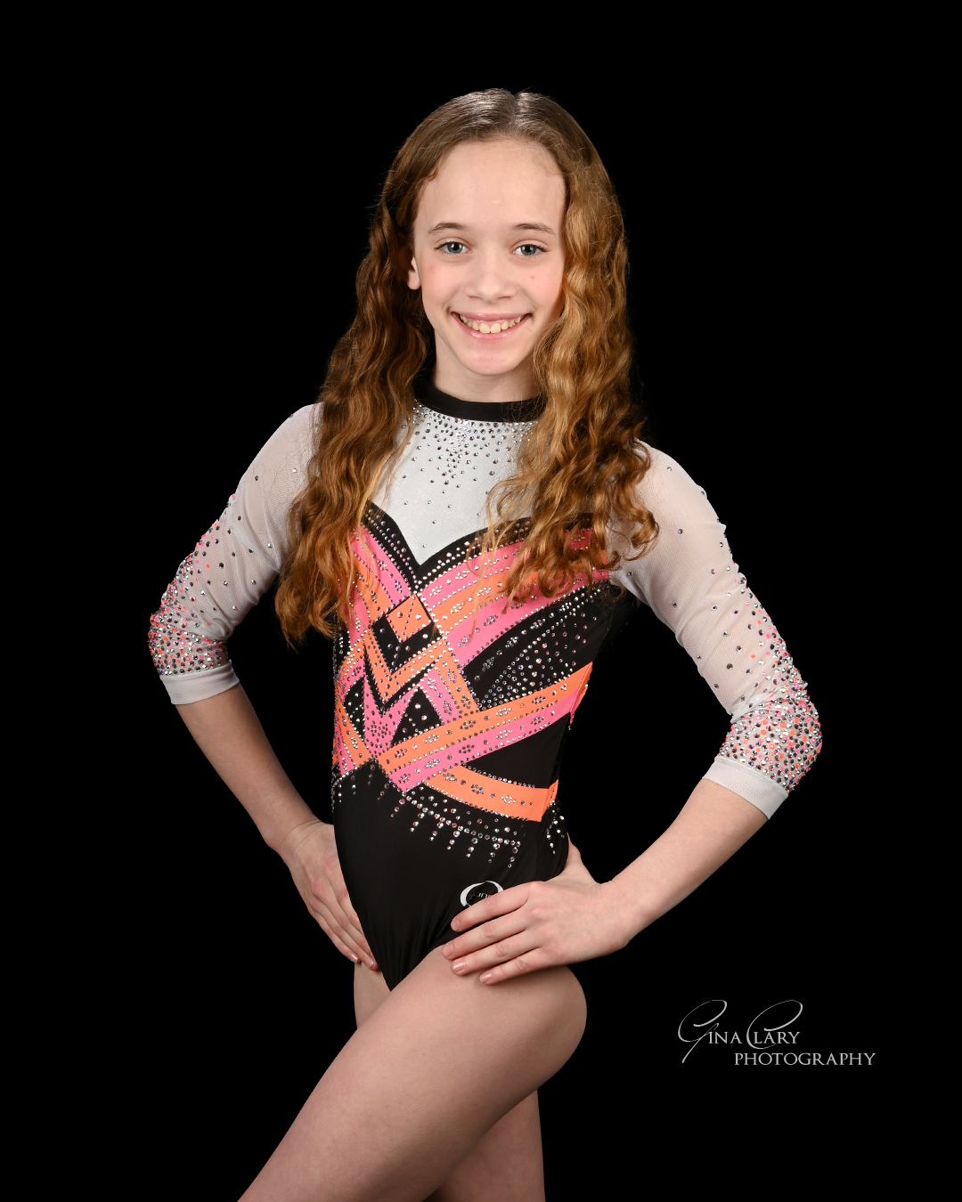 Nora Greenfield in her WOGA competition leotard
